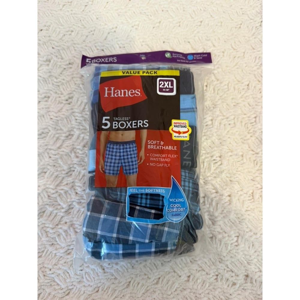 Hanes Mens 5 Pack Tagless Boxers 2XL Blue Plaid Comfort Flex Waistband